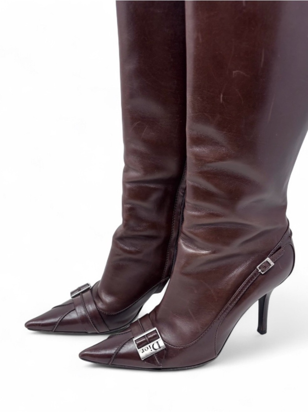 Vintage Dior Galliano Brown Knee High Leather Boot Pointed Toe Slim Buckle 39.5 - Picture 2 of 14